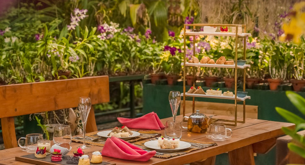 Afternoon tea at Nala Orchid Garden at Anantara Kihavah Maldives Villas